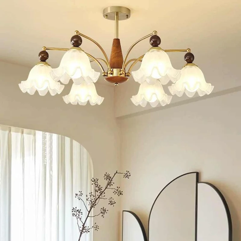 Chandelier Farmhouse Branch Wood Glass Flower Lily of the Valley, White