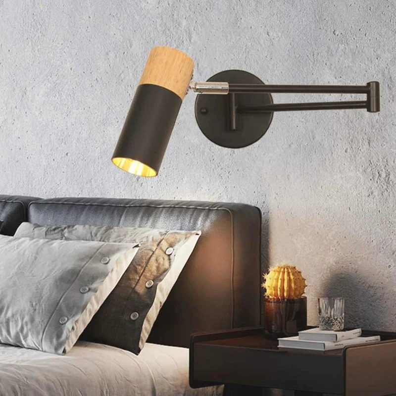Wall Sconce Spotlight Nordic Wood Adjustable Swing Arm LED