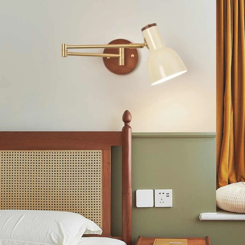 Wall Sconce Light Mid-Century Wood Adjustable Swing Arm