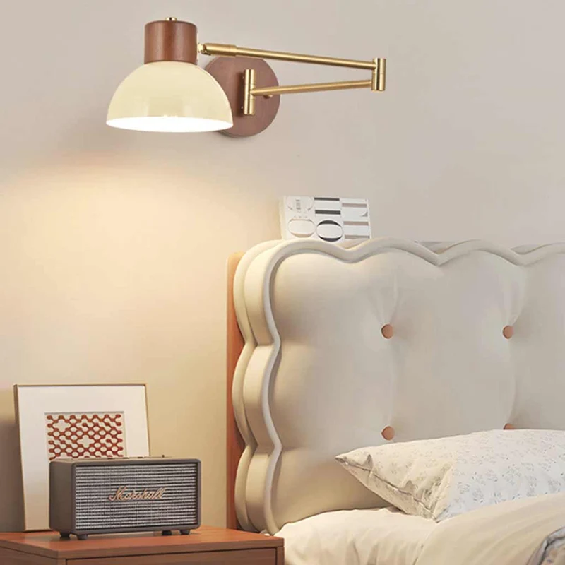 Wall Sconce Light Mid-Century Wood Adjustable Swing Arm