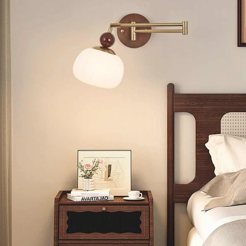 Wall Sconce Light Mid-Century Wood Adjustable Swing Arm