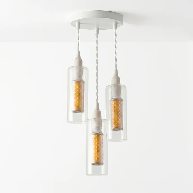 3-flammiges Pendelleuchten-Set aus klarem Glas, E14-LED, 1 m weißes Kabel~3772