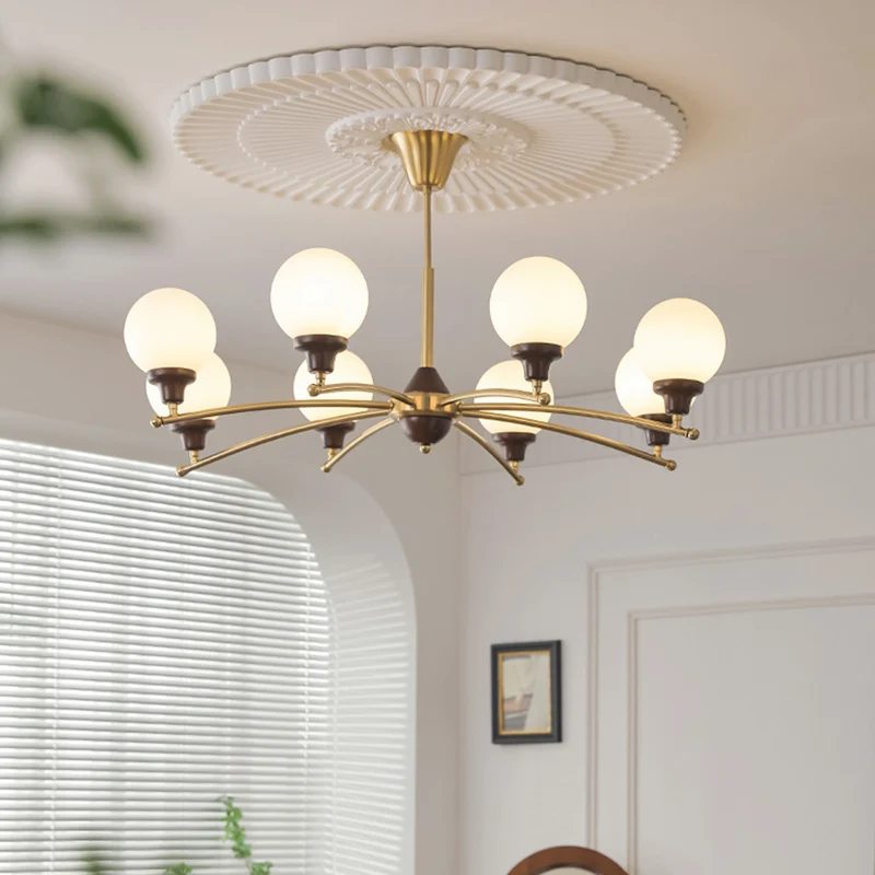Chandelier White Glass Globe French Country Farmhouse, Chrome / Gold