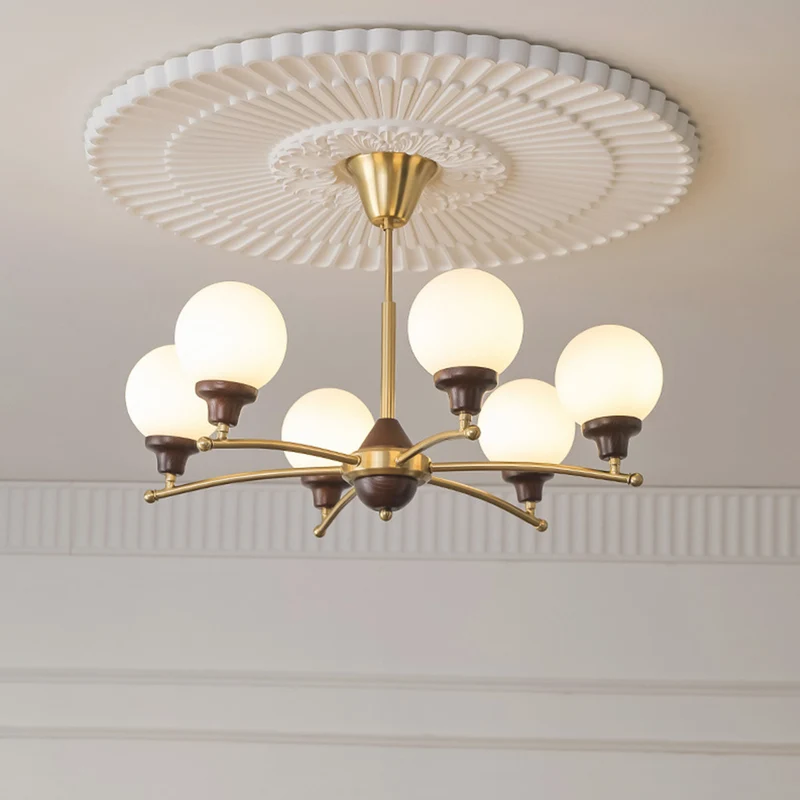 Chandelier White Glass Globe French Country Farmhouse, Chrome / Gold