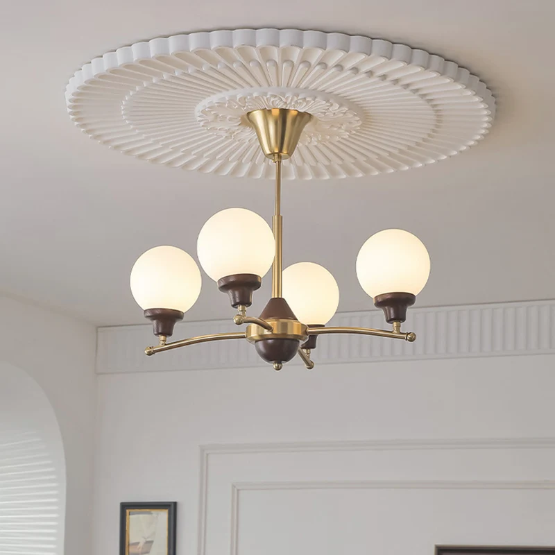 Chandelier White Glass Globe French Country Farmhouse, Chrome / Gold