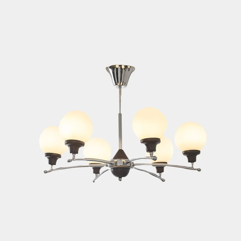 Chandelier White Glass Globe French Country Farmhouse, Chrome / Gold