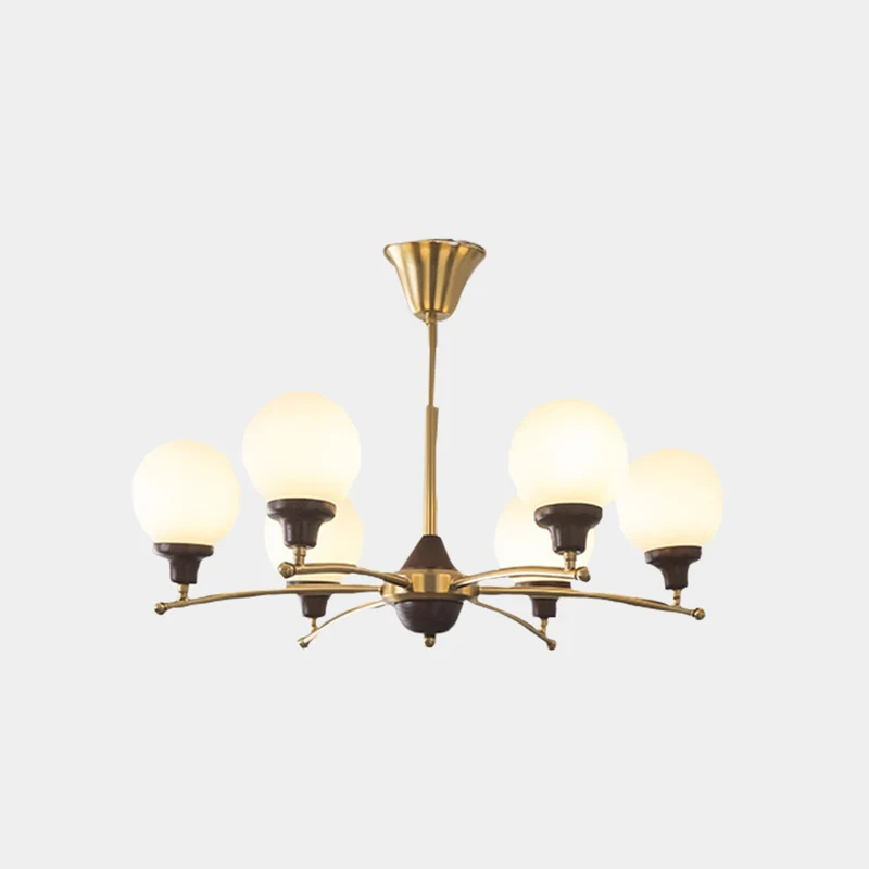 Chandelier White Glass Globe French Country Farmhouse, Chrome / Gold