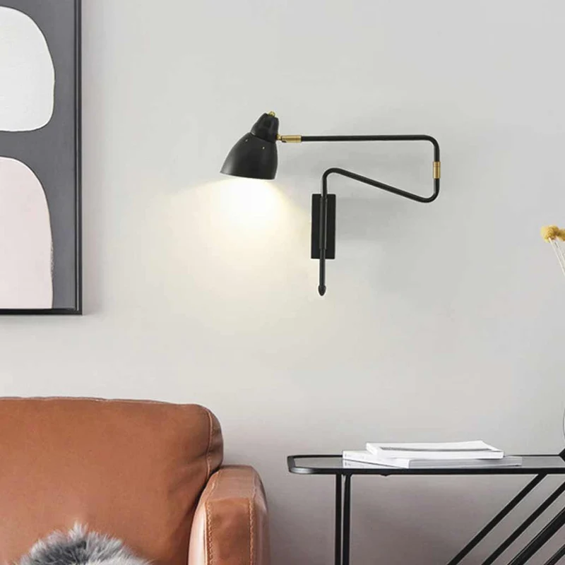 Wall Sconce Light Modern Adjustable Swing Arm for Reading, Black / Gold