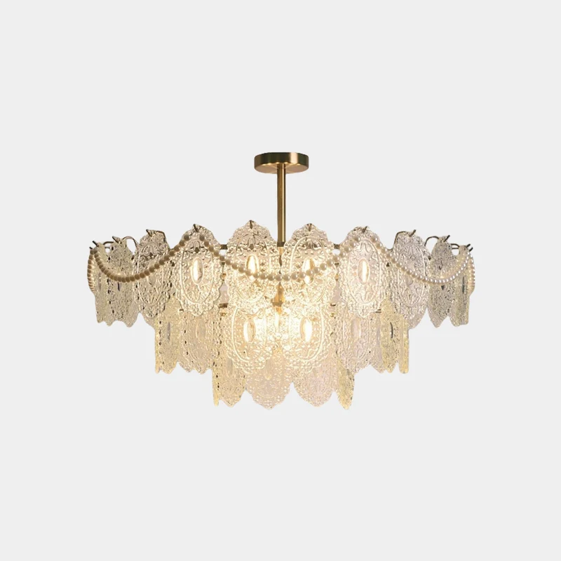 Chandelier French Metal Pearl Tiered Glass, Gold