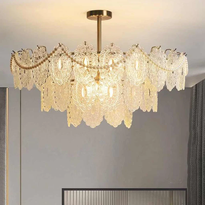 Chandelier French Metal Pearl Tiered Glass, Gold