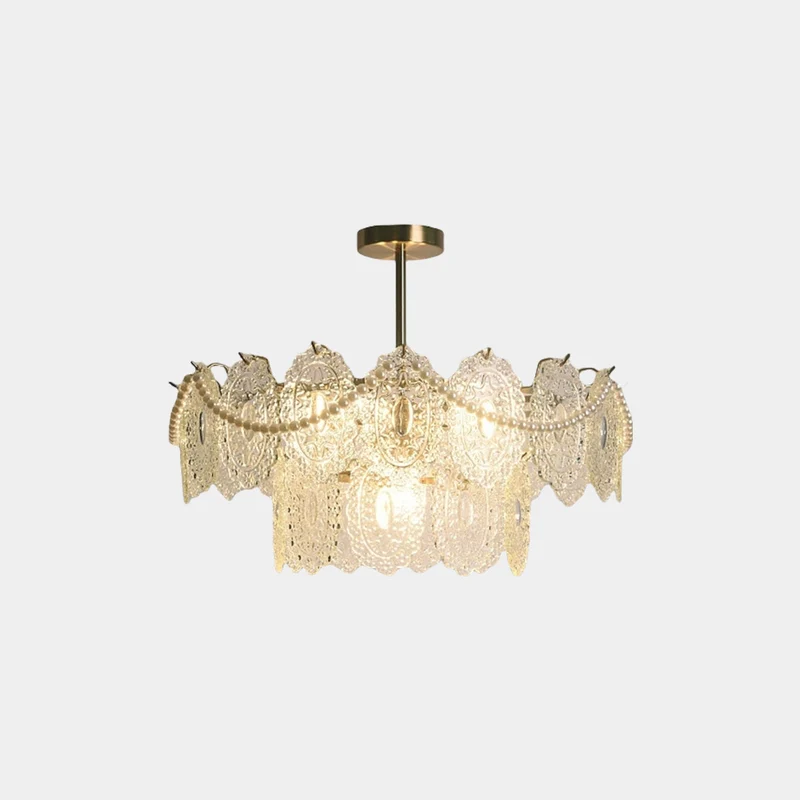 Chandelier French Metal Pearl Tiered Glass, Gold