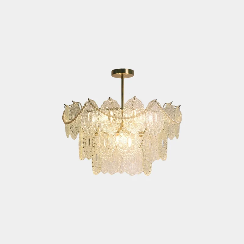 Chandelier French Metal Pearl Tiered Glass, Gold