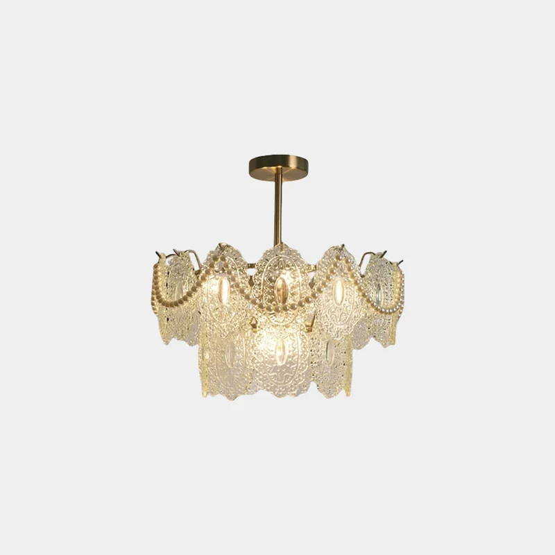 Chandelier French Metal Pearl Tiered Glass, Gold