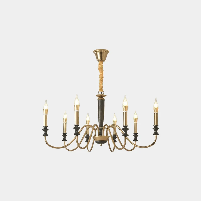 Chandelier Vintage Farmhouse Iron Wood Candle, Black & Gold
