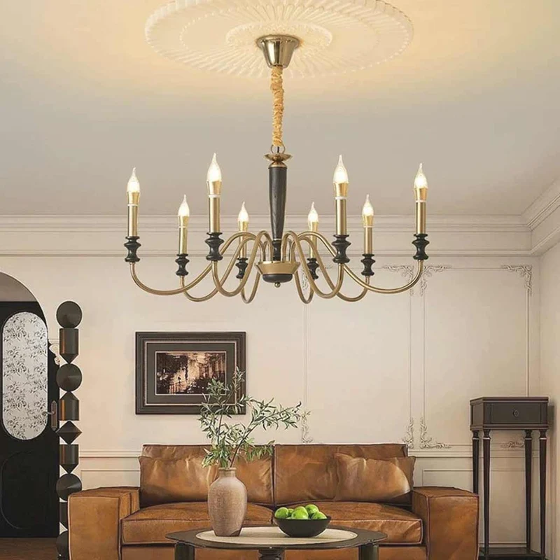 Chandelier Vintage Farmhouse Iron Wood Candle, Black & Gold