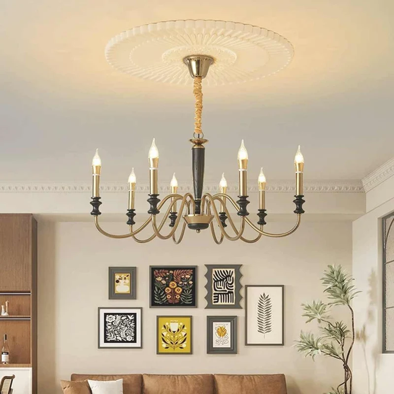 Chandelier Vintage Farmhouse Iron Wood Candle, Black & Gold