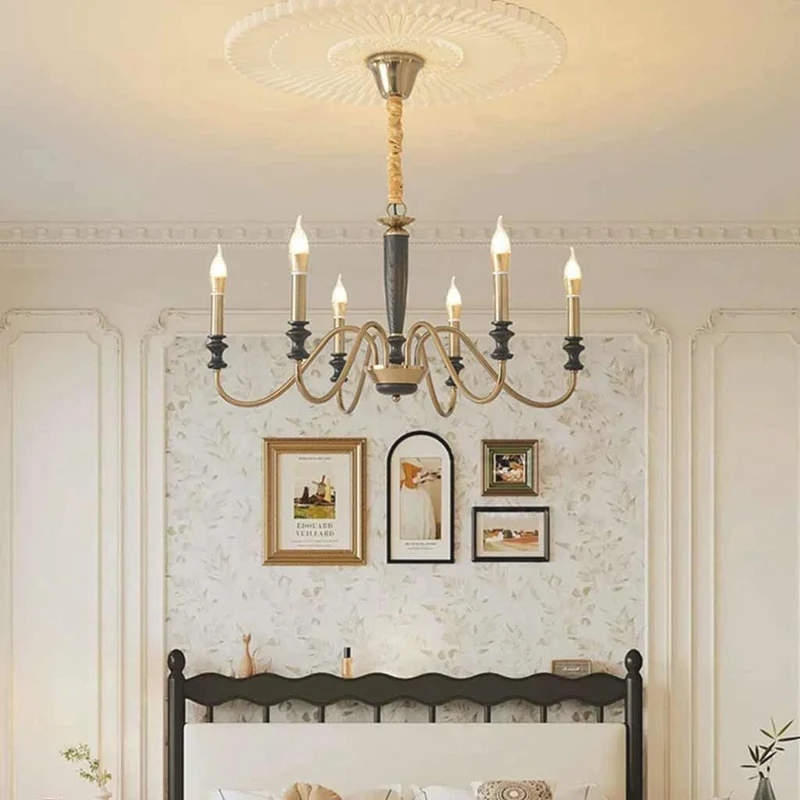 Chandelier Vintage Farmhouse Iron Wood Candle, Black & Gold