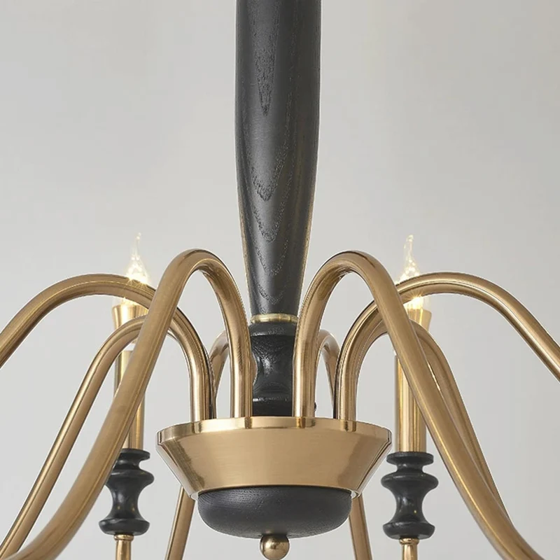 Chandelier Vintage Farmhouse Iron Wood Candle, Black & Gold