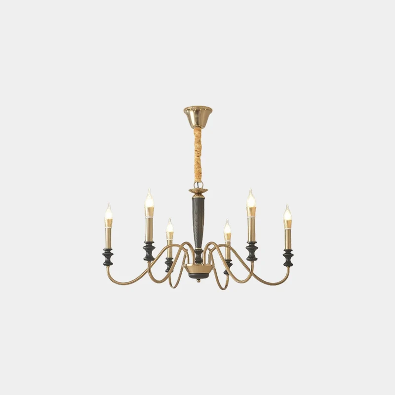 Chandelier Vintage Farmhouse Iron Wood Candle, Black & Gold