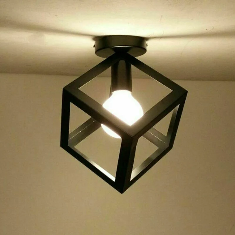 Vintage Geometrische Deckenlampe Schwarz Metall | Retro Käfigleuchte E27~3729