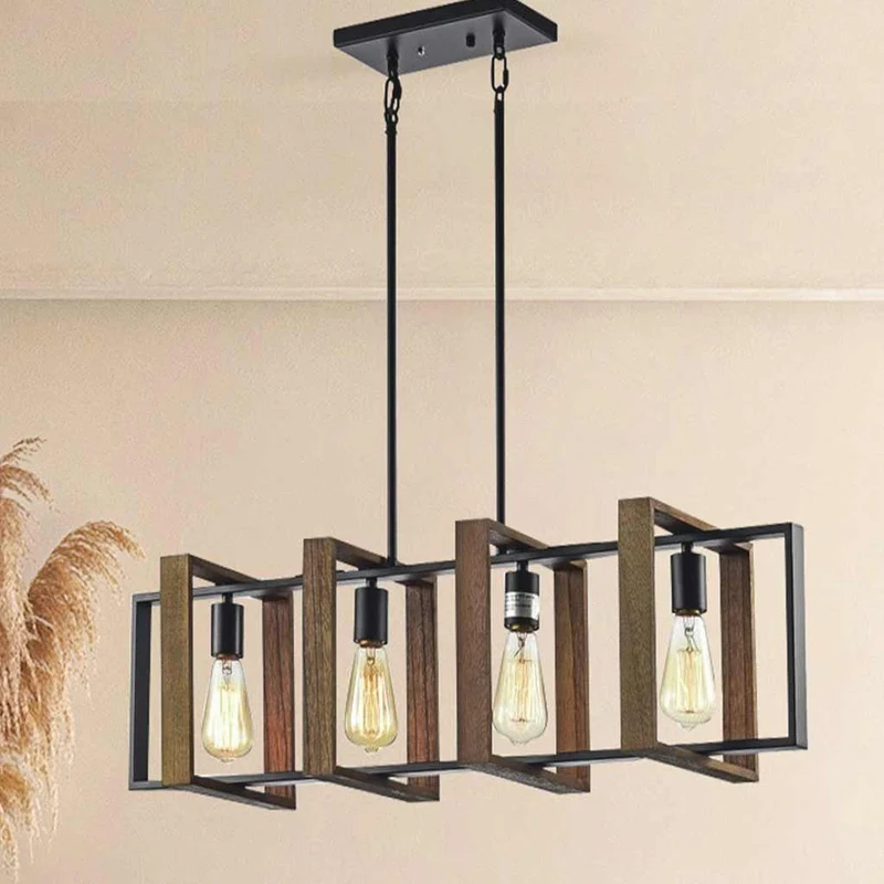 Chandelier Island Lighting Farmhouse Linear Rectangular Wood