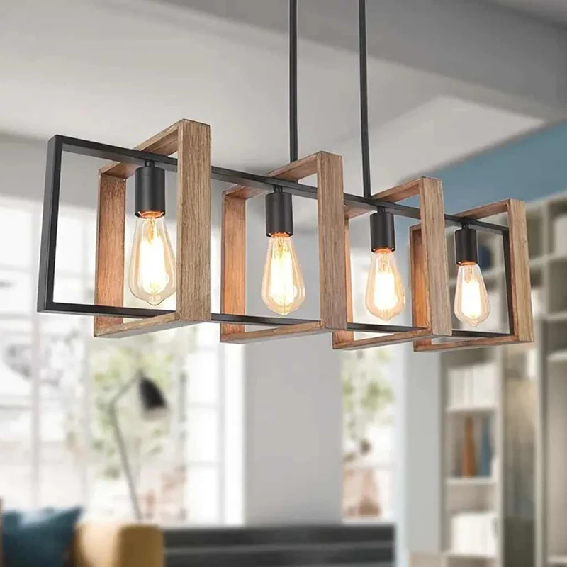 Chandelier Island Lighting Farmhouse Linear Rectangular Wood