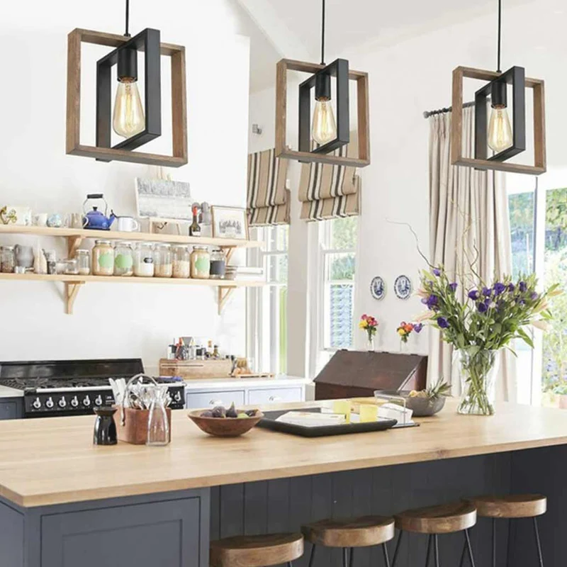 Chandelier Island Lighting Farmhouse Linear Rectangular Wood