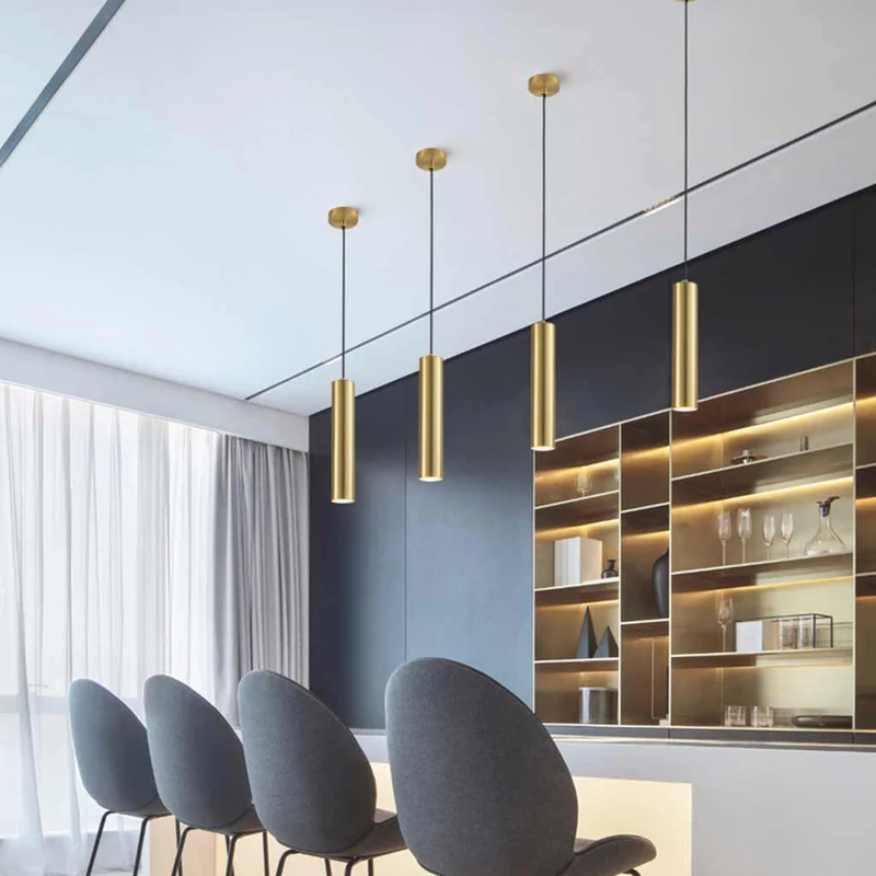 Hanging Pendant Light Small Slim Brass Tube, Gold