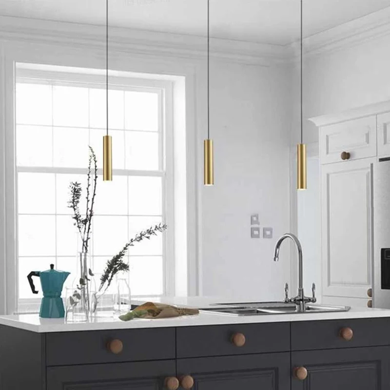Hanging Pendant Light Small Slim Brass Tube, Gold