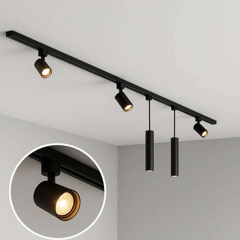 1-Phasen-Schienenleuchte | Schwarz | 300 cm | Inkl. 3 Spots | 2 Pendelleuchten | I-Form