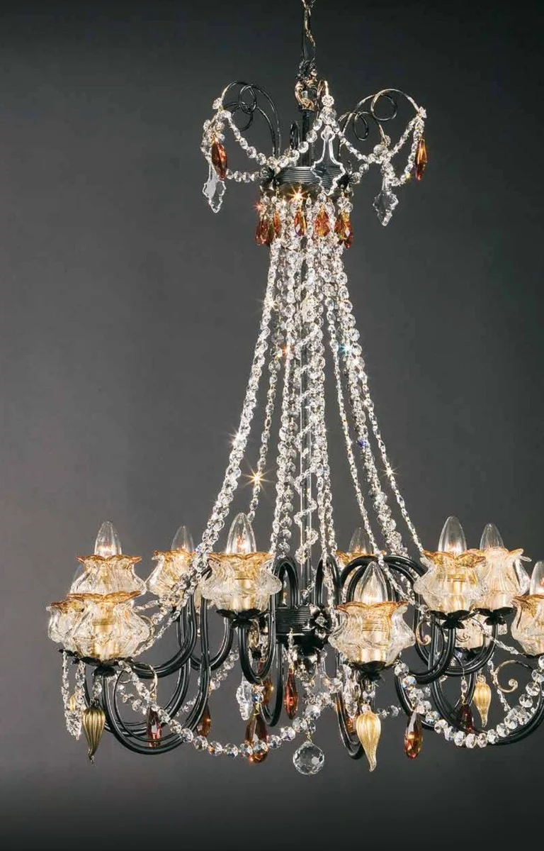 Casa Padrino Barock Kronleuchter Schwarz Silber Ø 75 x H. 95 cm 12-flammig - Handgefertigte Leuchte aus Italien - Barock Leuchten