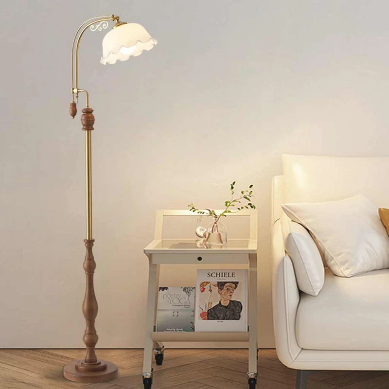 Table / Floor Lamp Vintage Arc Wood Glass Flower Lily of the Valley