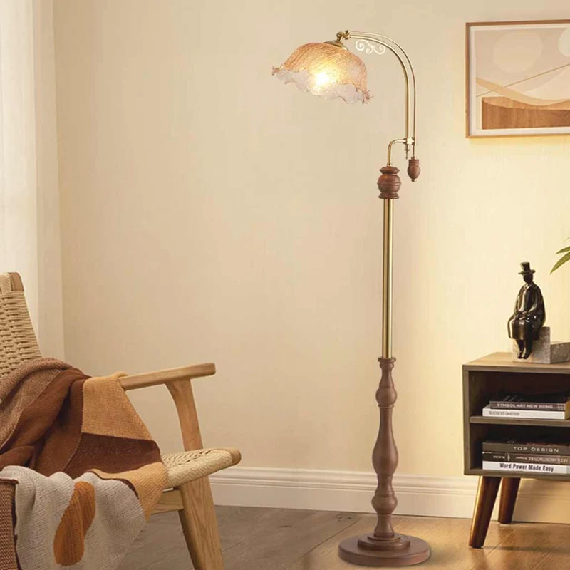 Table / Floor Lamp Vintage Arc Wood Glass Flower Lily of the Valley