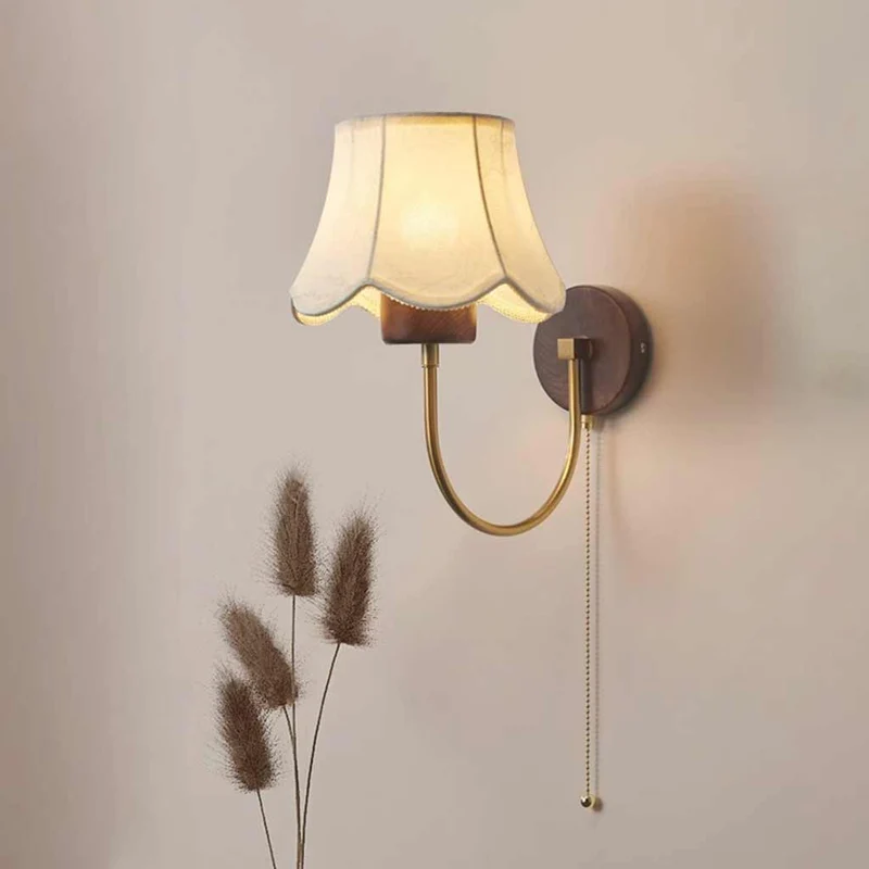 Wall Sconce Light Vintage Walnut Wood with Fabric Shade