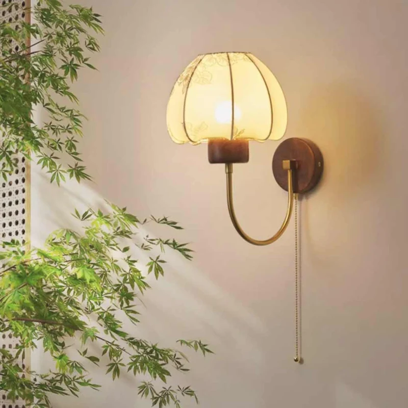 Wall Sconce Light Vintage Walnut Wood with Fabric Shade