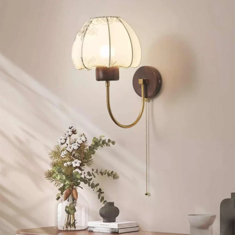 Wall Sconce Light Vintage Walnut Wood with Fabric Shade