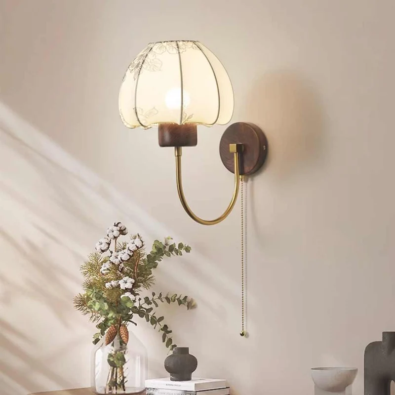 Wall Sconce Light Vintage Walnut Wood with Fabric Shade
