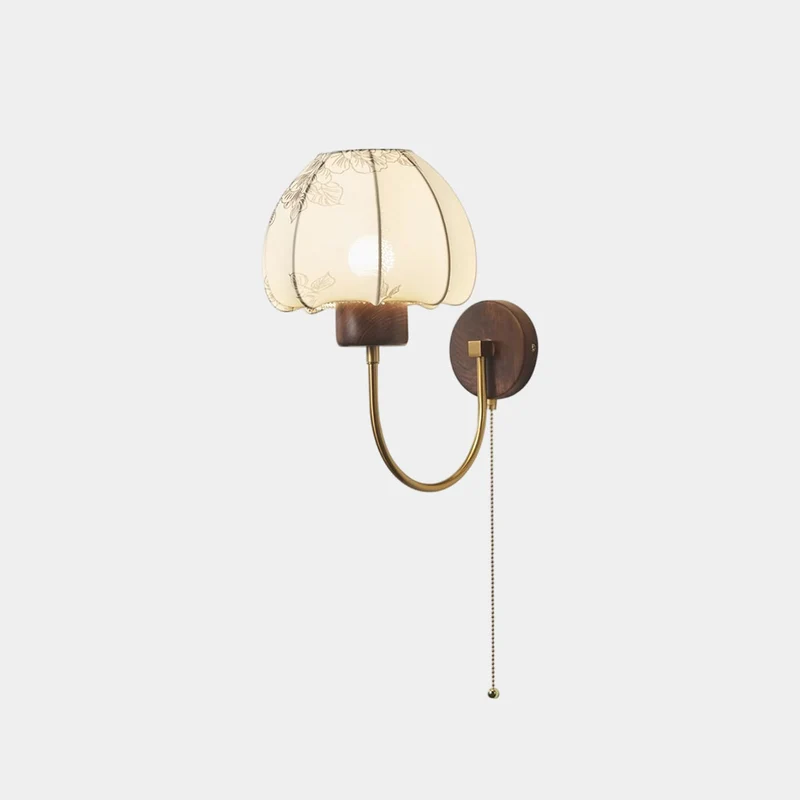 Wall Sconce Light Vintage Walnut Wood with Fabric Shade