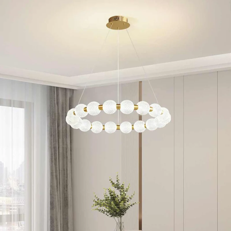 Chandelier Modern Brass Bead Pearl Ring Dimmable LED