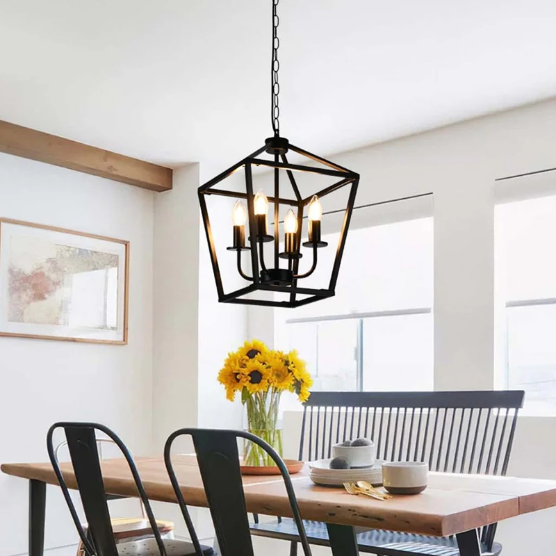 Chandelier Pendant Light Industrial Iron Cage, Black