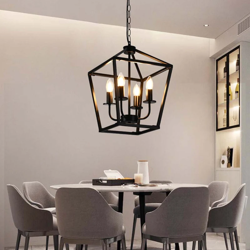 Chandelier Pendant Light Industrial Iron Cage, Black