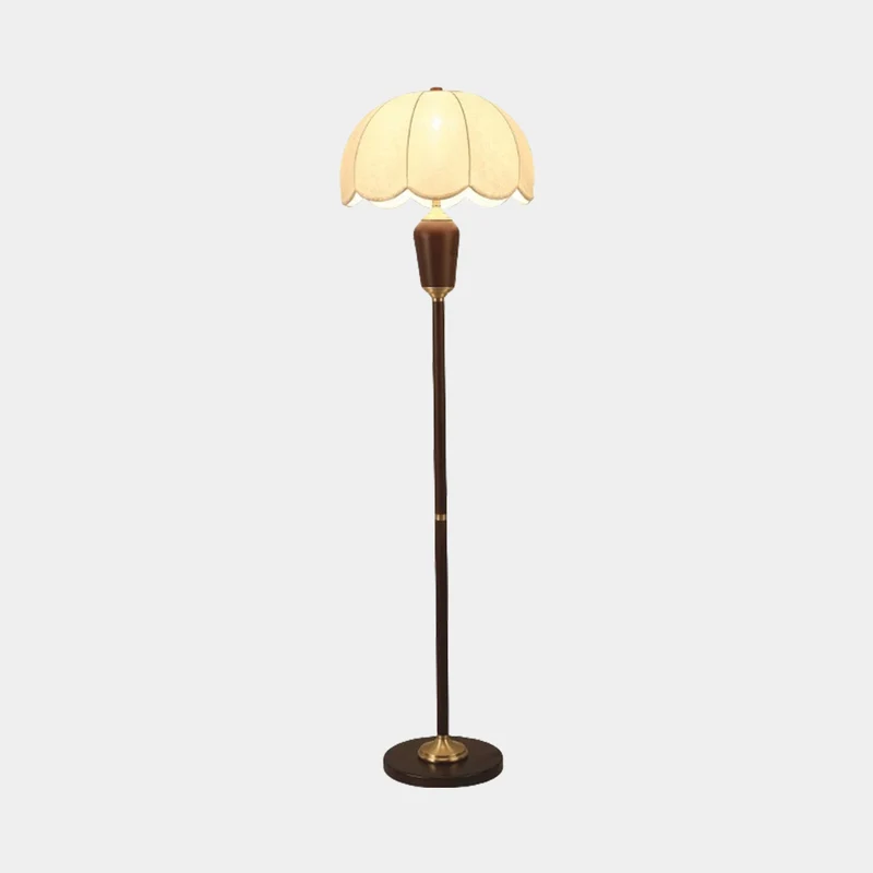 Table / Floor Lamp Vintage Wood Brass with Cloth Shade