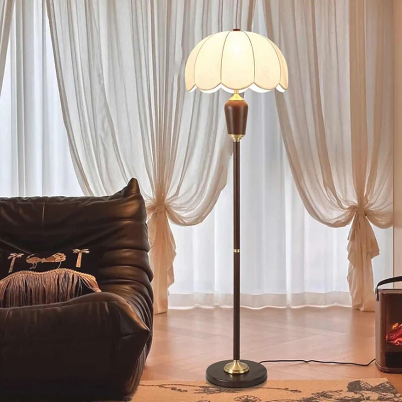 Table / Floor Lamp Vintage Wood Brass with Cloth Shade
