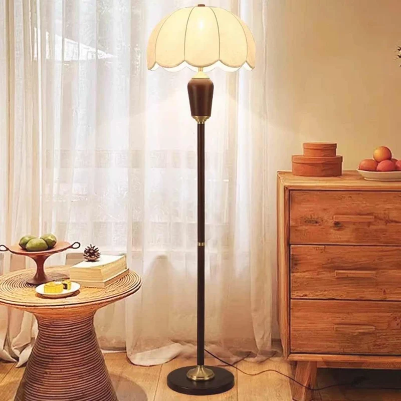 Table / Floor Lamp Vintage Wood Brass with Cloth Shade