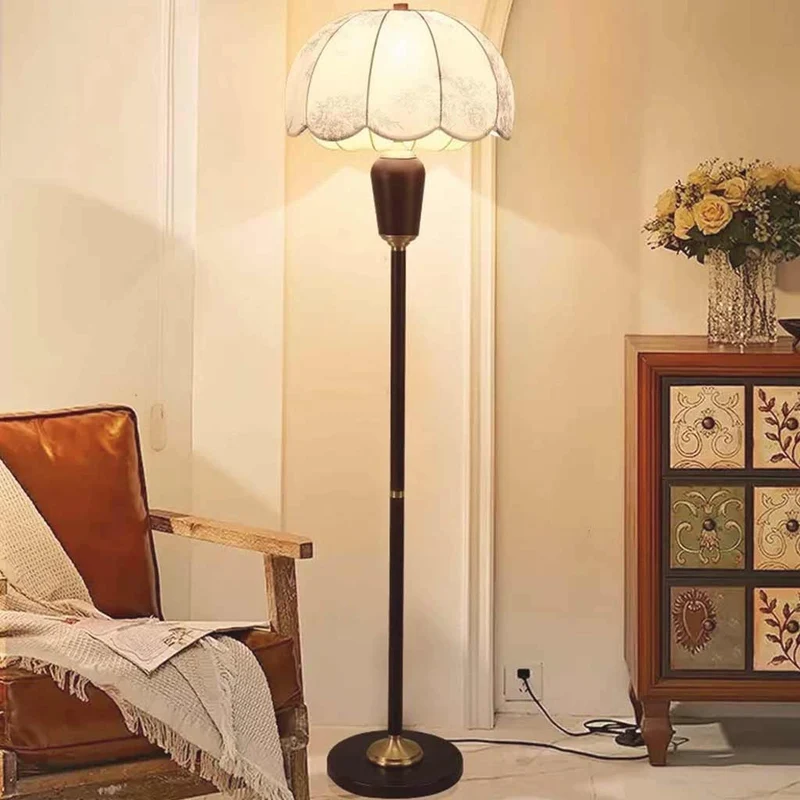 Table / Floor Lamp Vintage Wood Brass with Cloth Shade