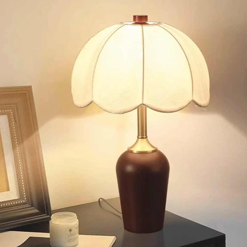 Table / Floor Lamp Vintage Wood Brass with Cloth Shade
