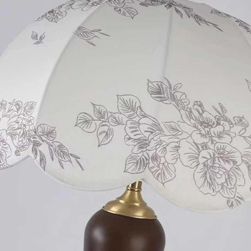 Table / Floor Lamp Vintage Wood Brass with Cloth Shade