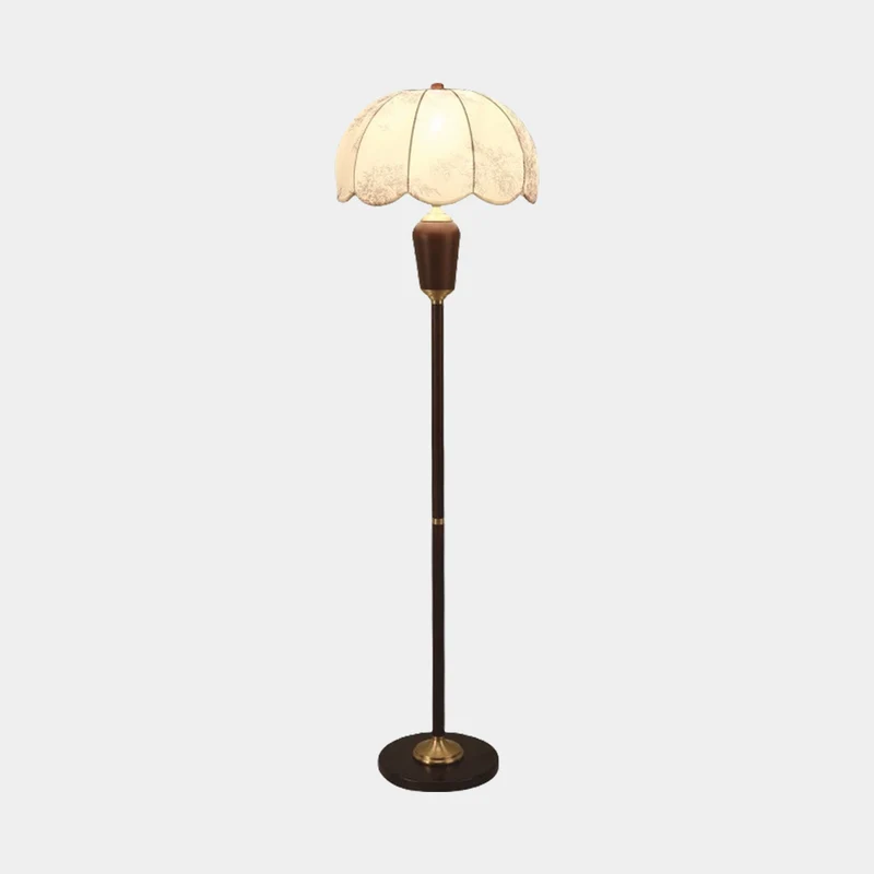Table / Floor Lamp Vintage Wood Brass with Cloth Shade