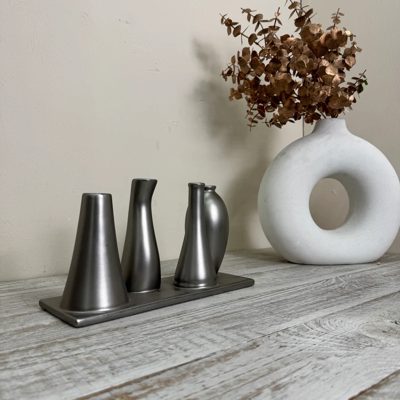 Mehrfach-Vase 4 Öffnungen Röhrenvase Tischdeko Metall Silber Vase Gebraucht