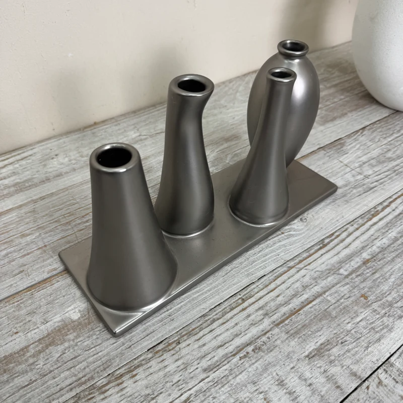 Mehrfach-Vase 4 Öffnungen Röhrenvase Tischdeko Metall Silber Vase Gebraucht